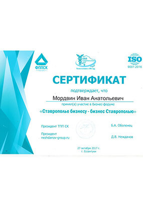 Сертификат Ивана Мордовина об участии в бизнес-форуме «Ставрополье бизнесу-бизнес Ставрополью», 2017