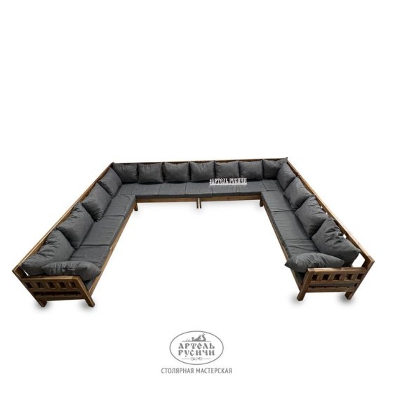Большой П-образный диван «Русский лофт» из массива дерева под старину с мягкими подушками 