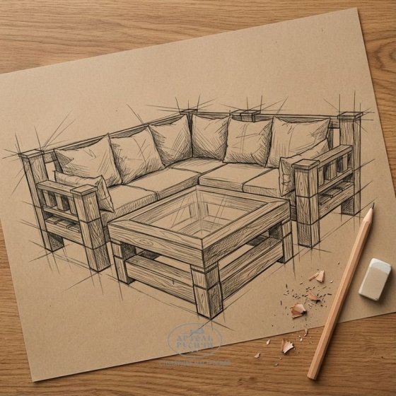 Угловой диван из массива дерева с мягкими подушками и журнальный столик в стиле лофт 