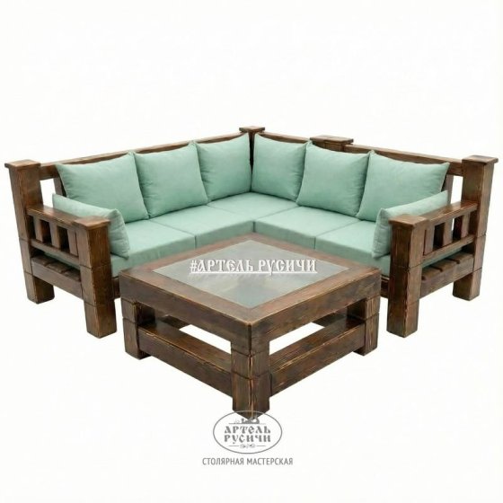 Угловой диван из массива дерева с мягкими подушками и журнальный столик в стиле лофт 