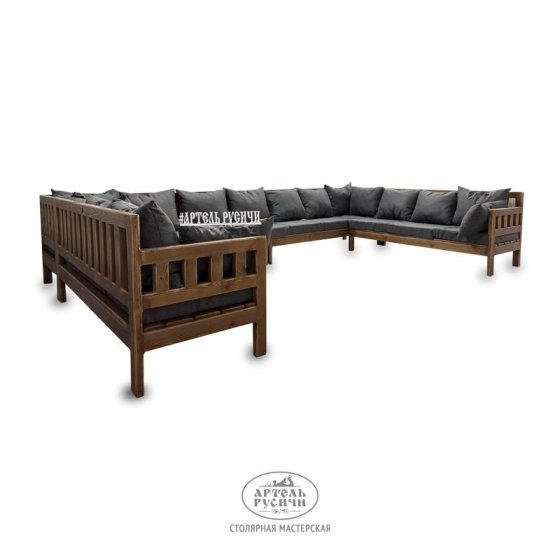 Большой П-образный диван «Русский лофт» из массива дерева под старину с мягкими подушками 