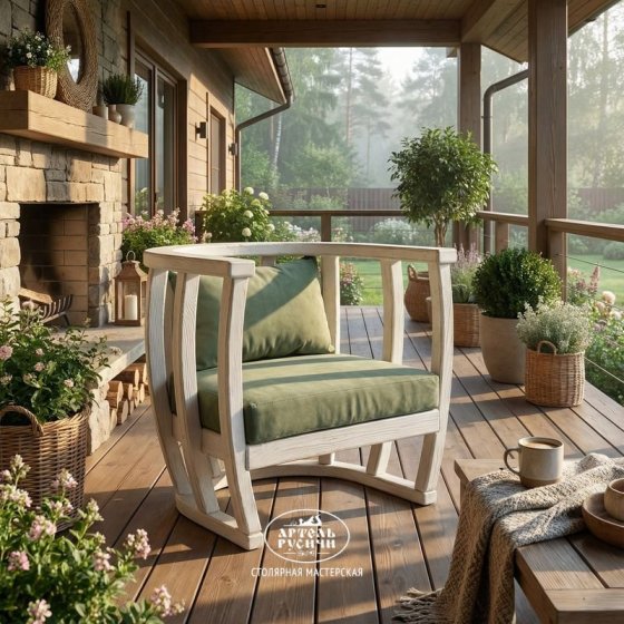 Кресло из массива дерева с мягкими подушками в стиле прованс