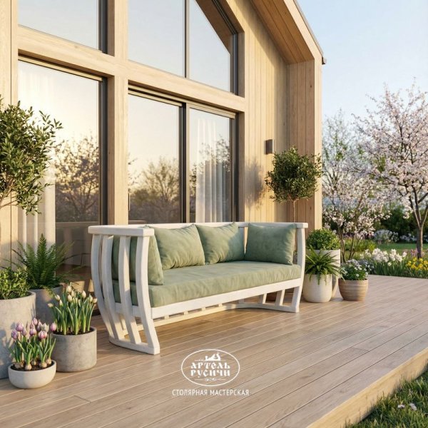 Характеристики Диван из массива дерева с мягкими подушками в стиле прованс