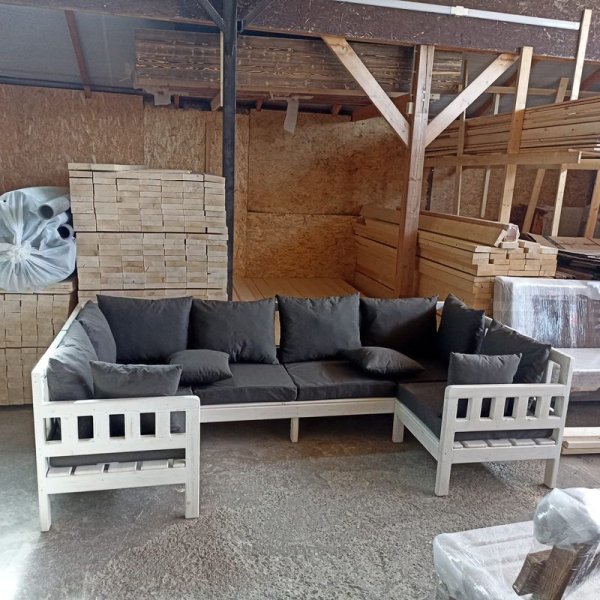 Характеристики Диван П-образной формы из массива сосны с мягкими подушками для террасы 