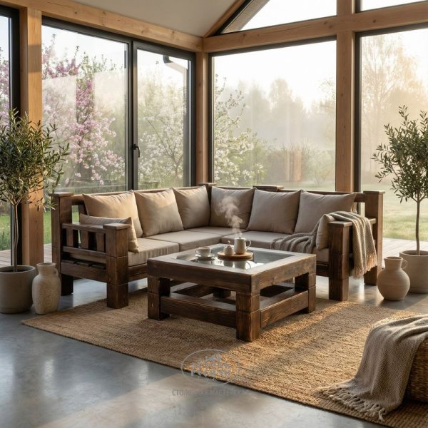 Характеристики Угловой диван из массива дерева с мягкими подушками и журнальный столик в стиле лофт 