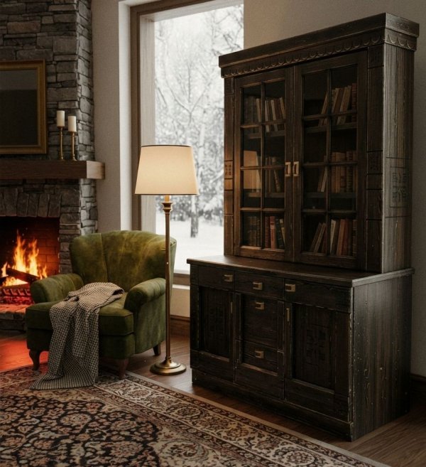 Книжный шкаф у камина