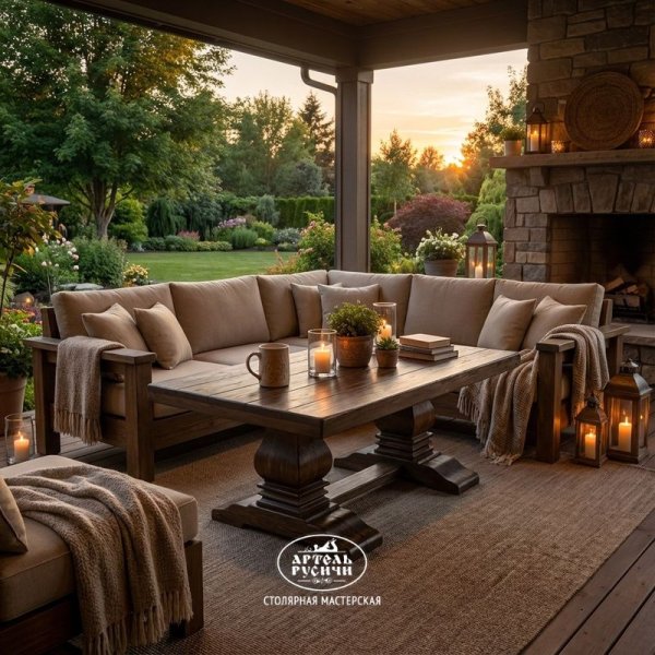 Большой массивный деревянный стол «Георгиевский» в зоне барбекю