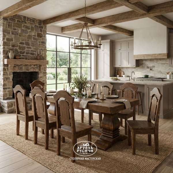Большой деревянный стол «Георгиевский» из массива сосны в кухне-столовой