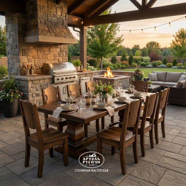 Большой массивный деревянный стол «Георгиевский» в зоне барбекю загородного дома