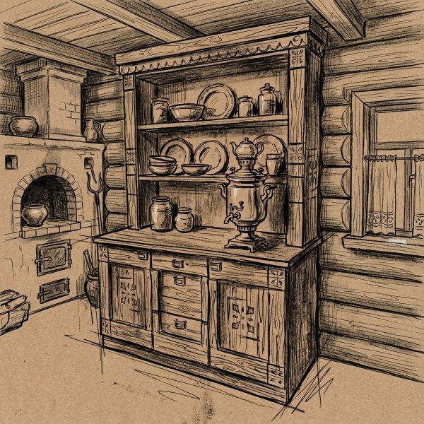 Буфет из массива под старину в русском стиле «Суздальский» фото