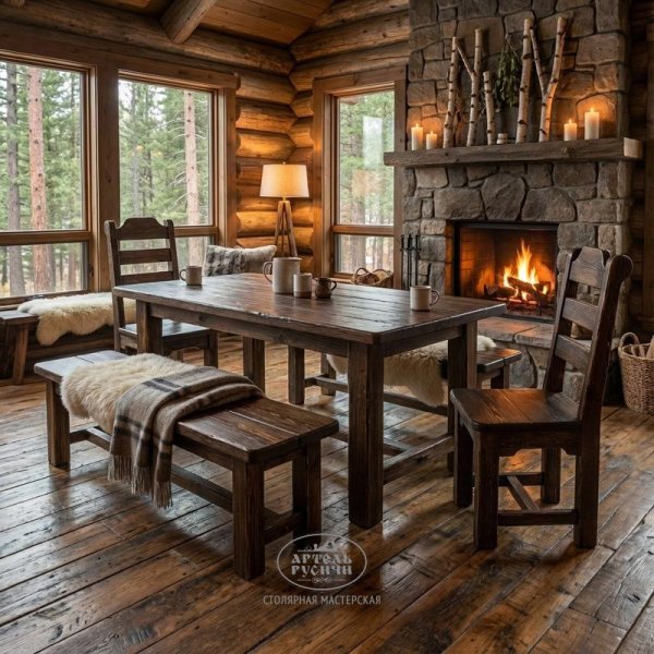 Деревянный стул под старину русский лофт «Ладожский» в интерьере бани