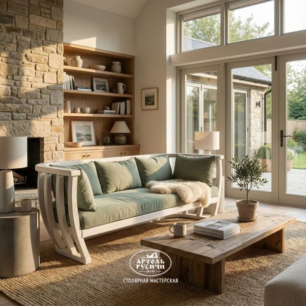 Диван из массива дерева с мягкими подушками в стиле прованс в интерьере гостиной