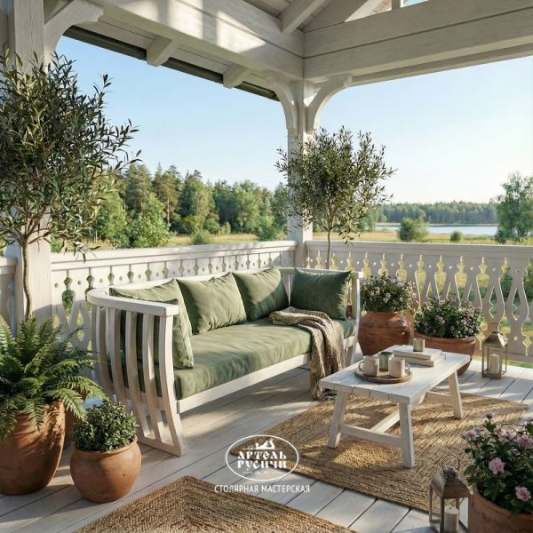 Диван из массива дерева с мягкими подушками в стиле прованс на балконе