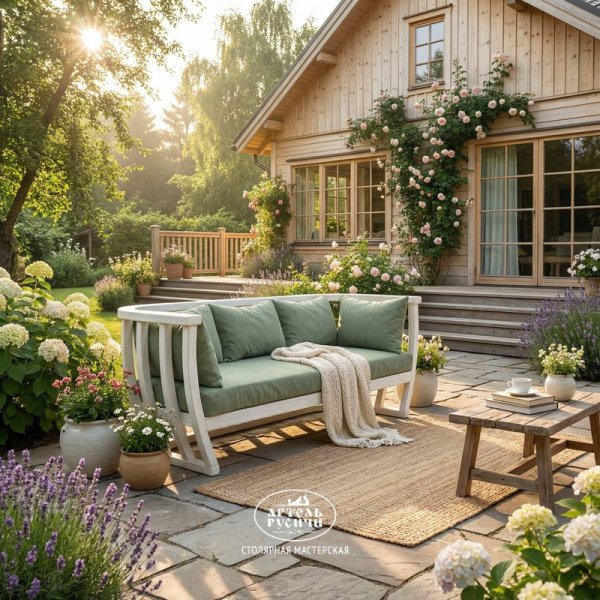 Диван из массива дерева с мягкими подушками в стиле прованс в саду