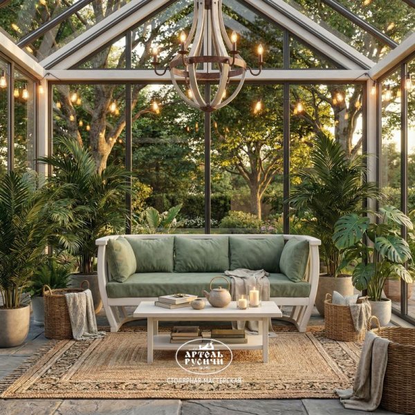 Диван из массива дерева с мягкими подушками в стиле прованс в зимнем саду