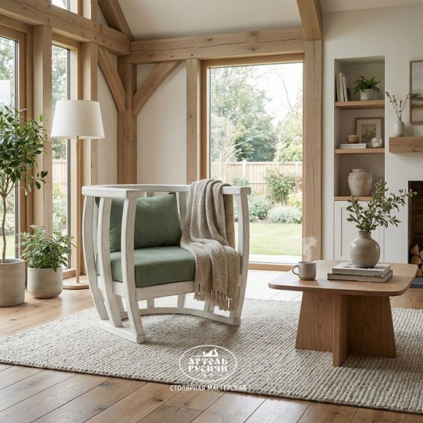 Кресло из массива дерева с мягкими подушками в стиле прованс в интерьере гостиной