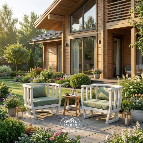 Два кресла из массива дерева с мягкими подушками в стиле прованс в саду