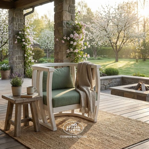 Кресло из массива с мягкими подушками в стиле прованс на террасе