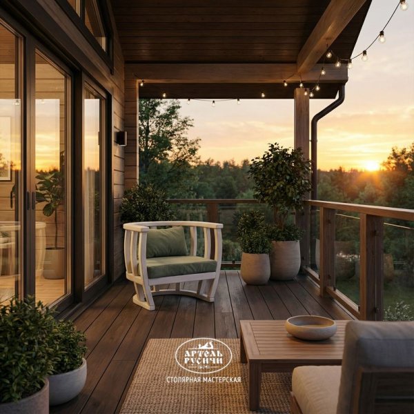 Уличное кресло из массива дерева с мягкими подушками в стиле прованс на балконе