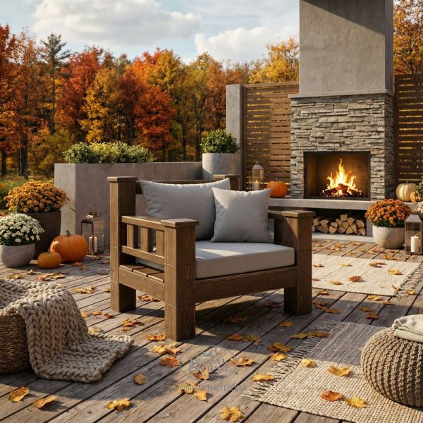 Кресло «Суздальское» в стиле лофт из массива северной сосны с подушками в зоне барбекю