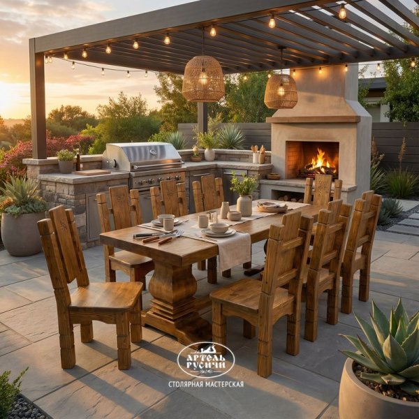 Обеденная группа из массива сосны для зоны барбекю, бани, кухни-столовой