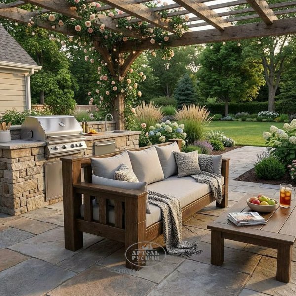 Прямой диван «Суздальский» из массива дерева в стиле лофт с мягкими подушками