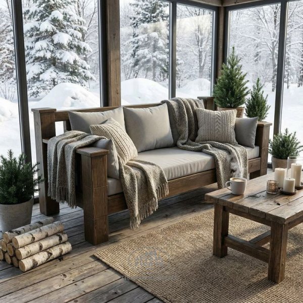 Прямой диван «Суздальский» из массива дерева в стиле лофт с мягкими подушками