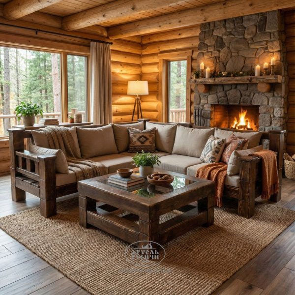 Угловой диван из массива дерева с мягкими подушками и журнальный столик в стиле лофт