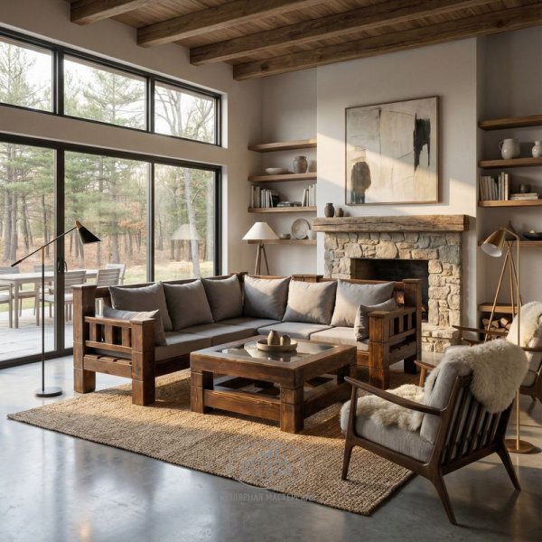 Угловой диван из массива дерева с мягкими подушками и журнальный столик в стиле лофт в интерьере гостиной