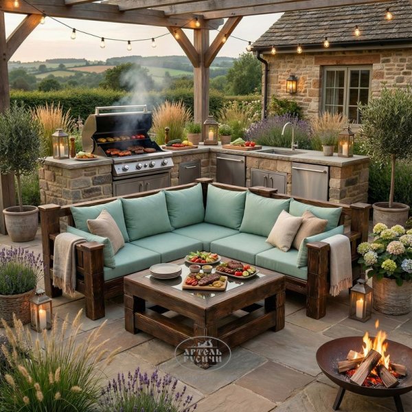 Угловой диван из массива дерева с мягкими подушками и журнальный столик в стиле лофт в зоне барбекю