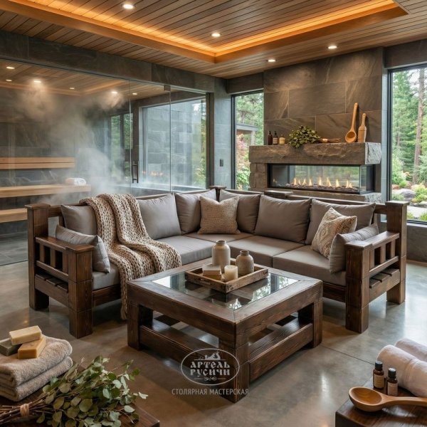 Угловой диван из массива дерева с мягкими подушками и журнальный столик в стиле лофт в комнате отдыха бани